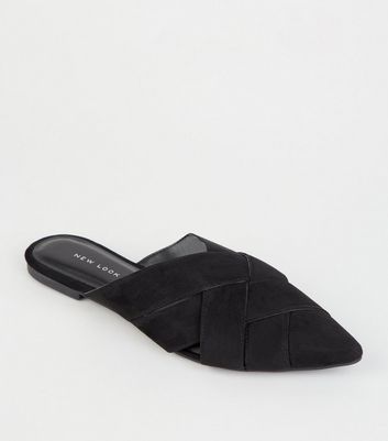 Black Leather-Look Woven Pointed Mules 