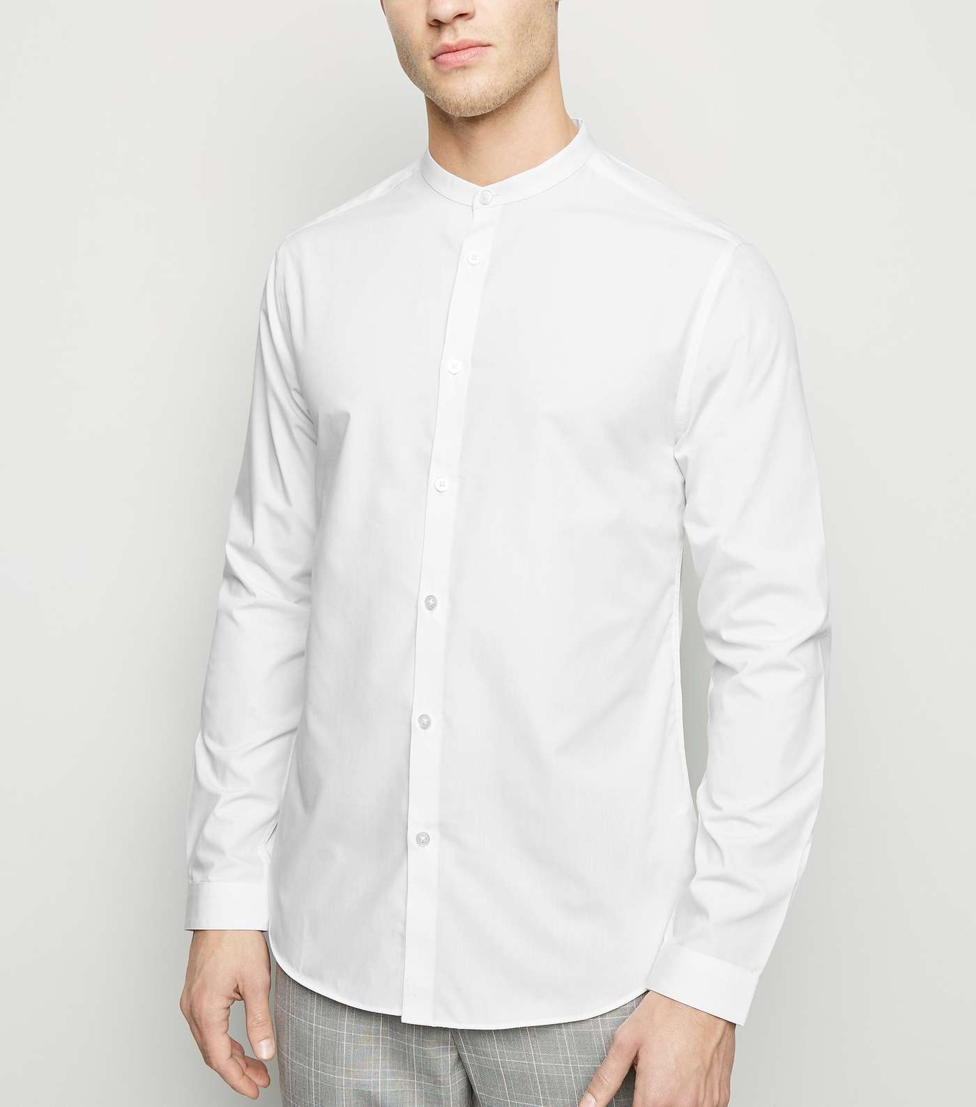 White Long Sleeve Collarless Poplin Shirt