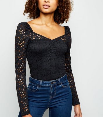 Black Lace Sweetheart Neck Top | New Look