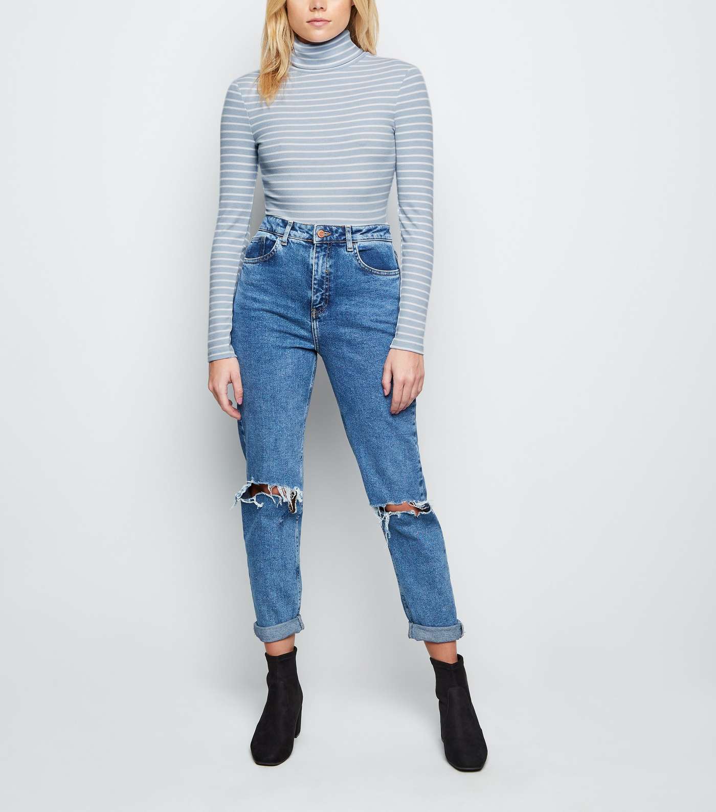 Blue Stripe Ribbed Roll Neck Top  Image 2