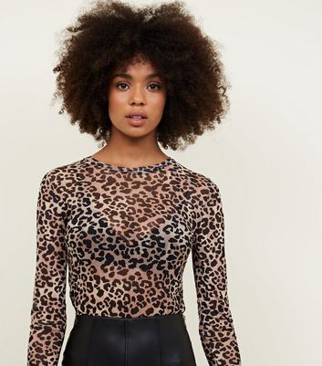 long sleeve mesh leopard print top