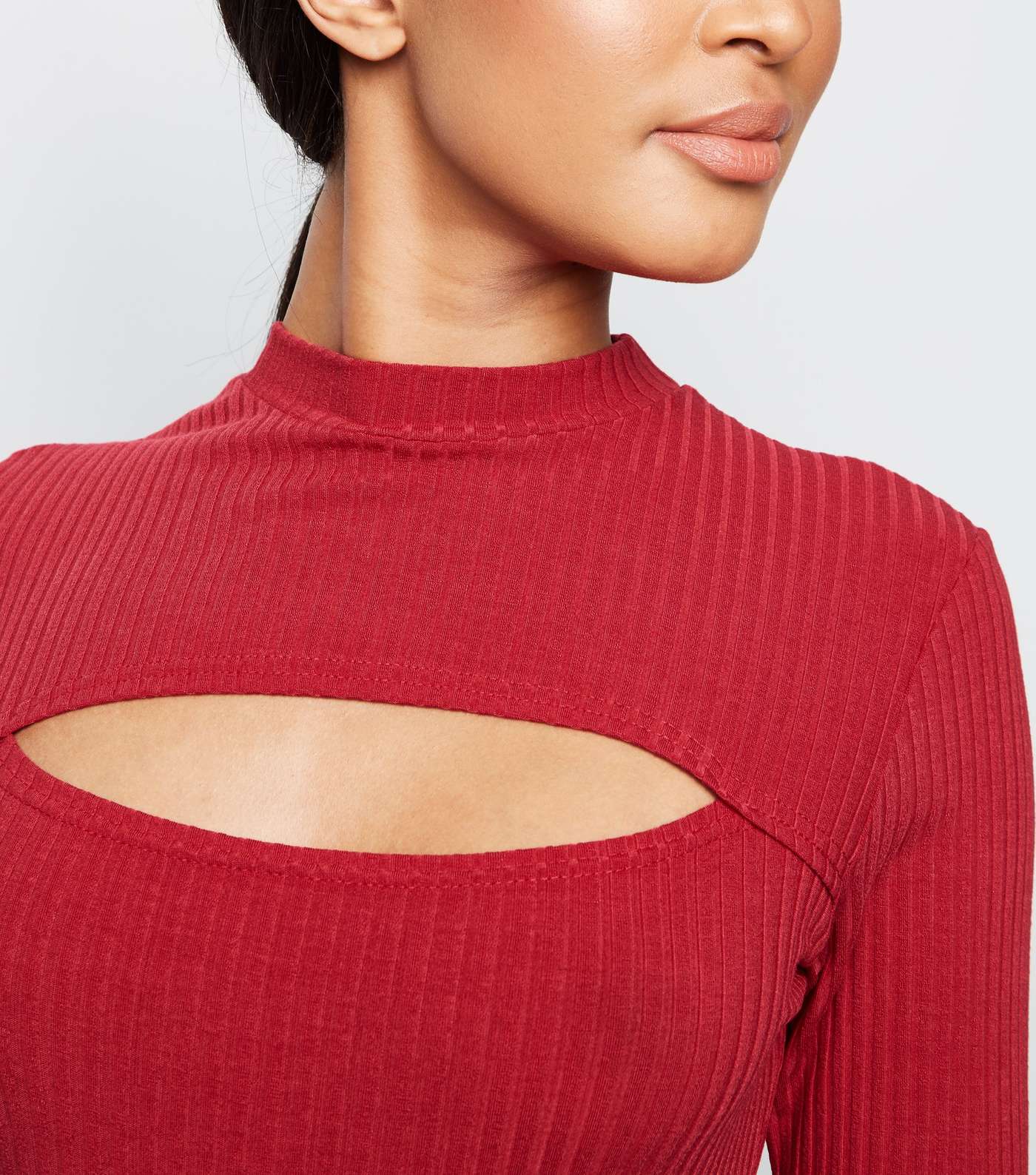 Red Ribbed Cut Out Bodysuit Image 3