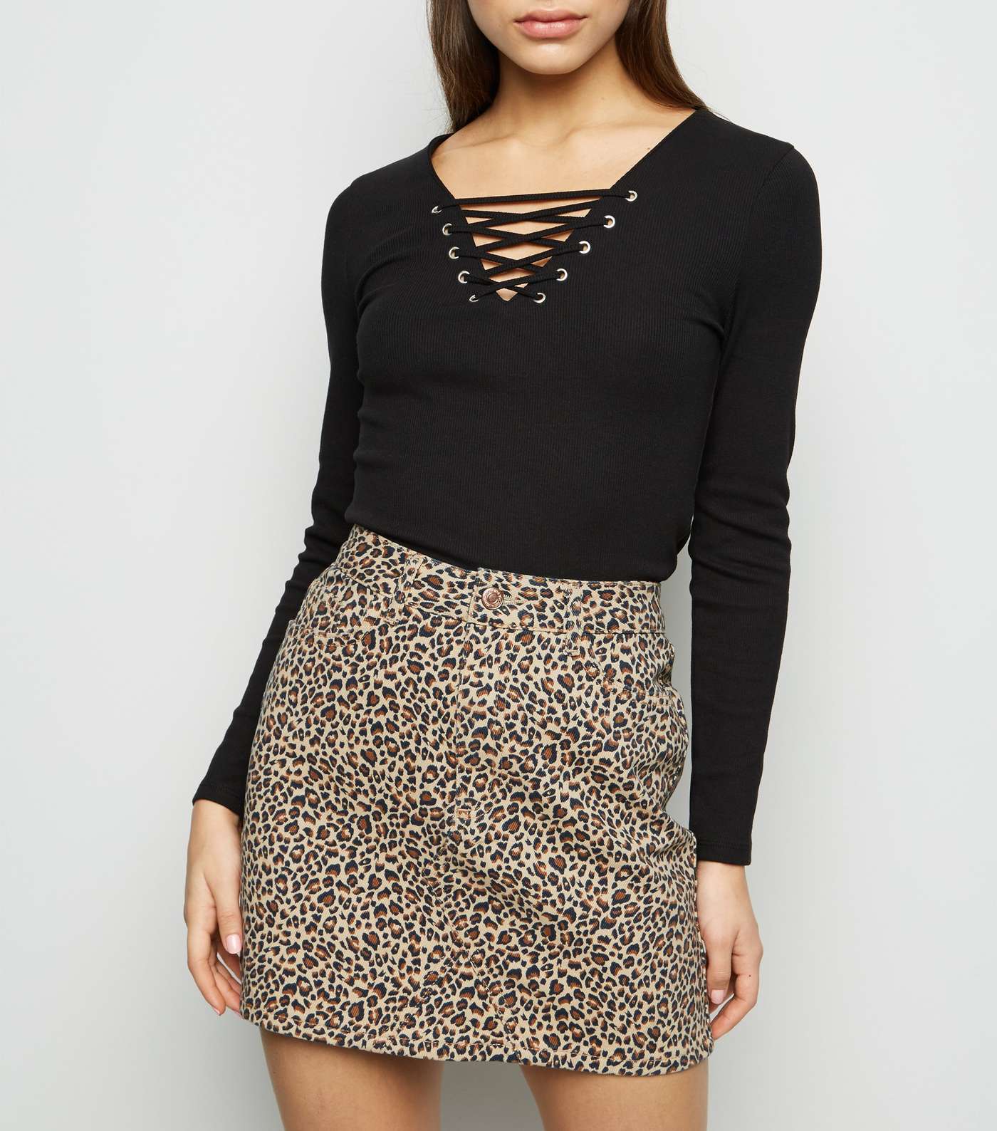 Petite Brown Leopard Print Denim Skirt