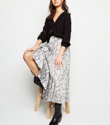 Light Grey Satin Snake Print Pleated Midi Skirt