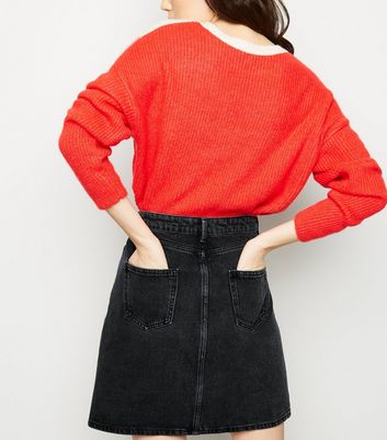 tall red denim skirt