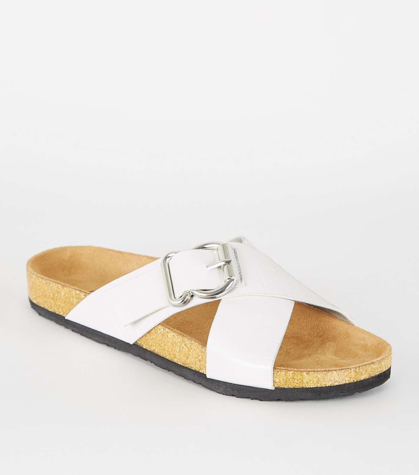 White Faux Croc Cross Strap Footbed Sliders