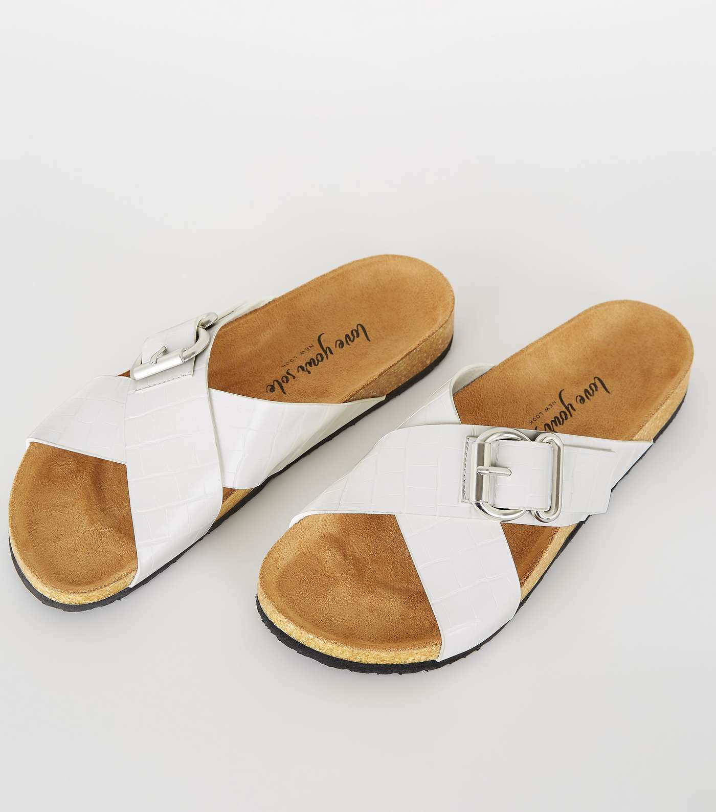 White Faux Croc Cross Strap Footbed Sliders Image 3