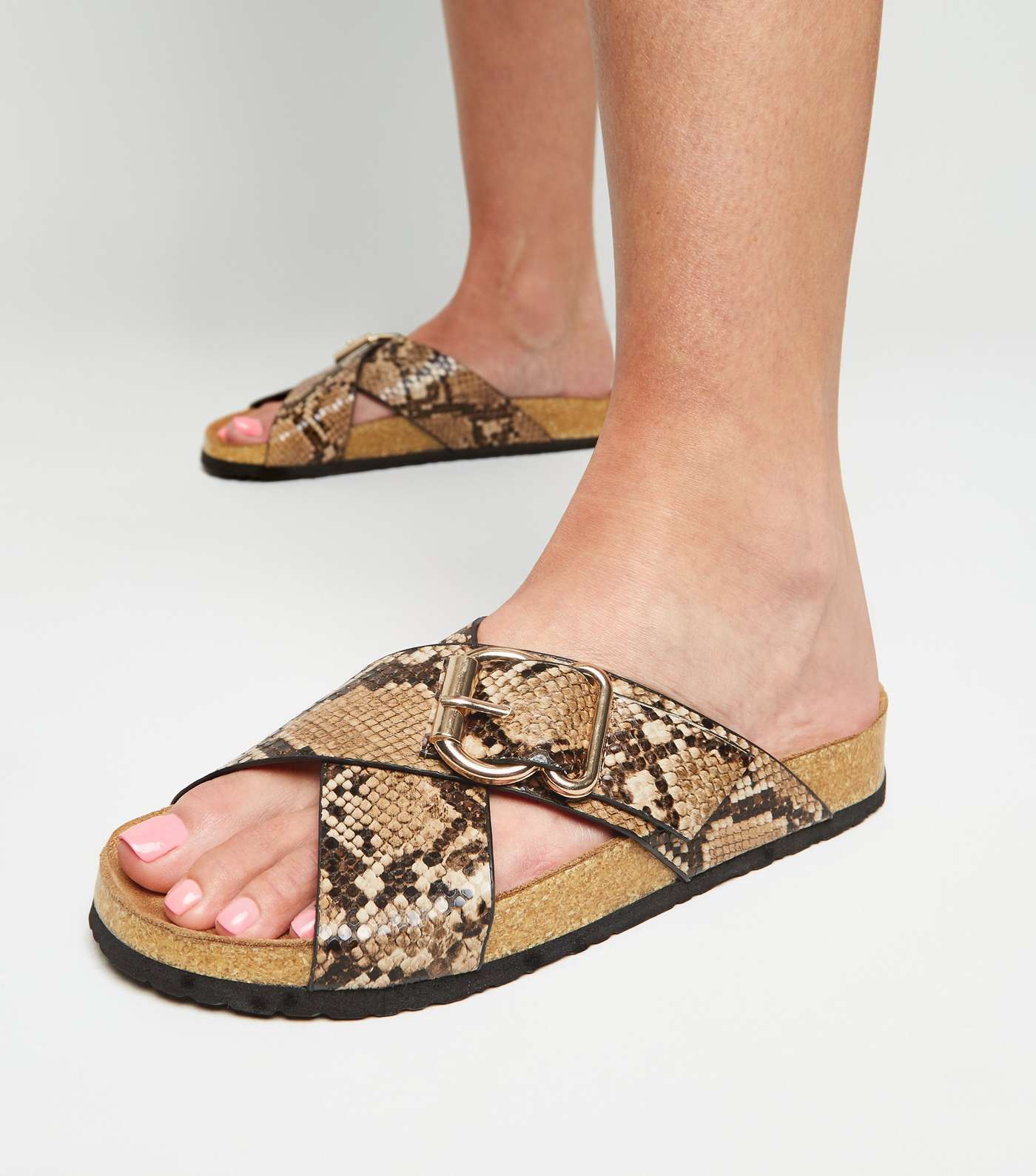Stone Faux Snake Cross Strap Footbed Sliders Image 2