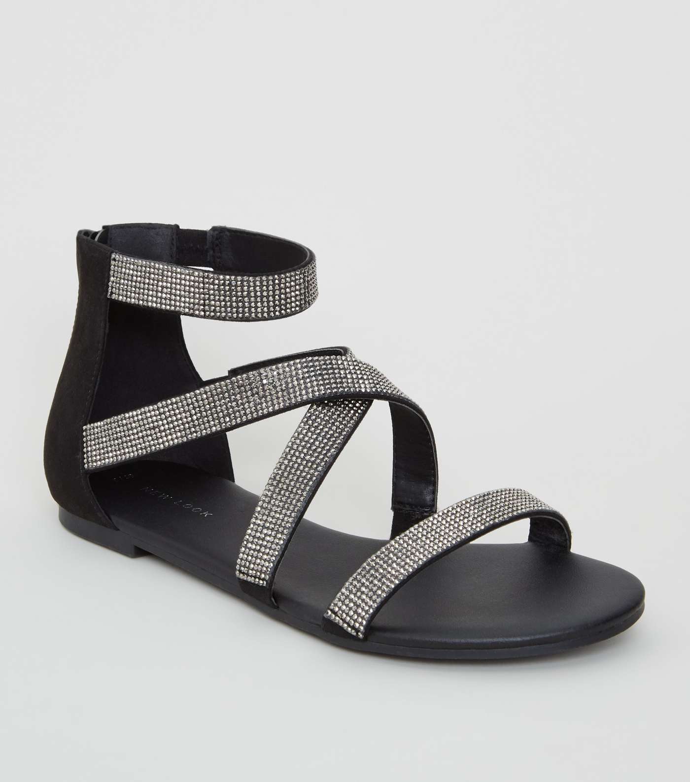 Black Diamanté Cross Strap Flat Sandals