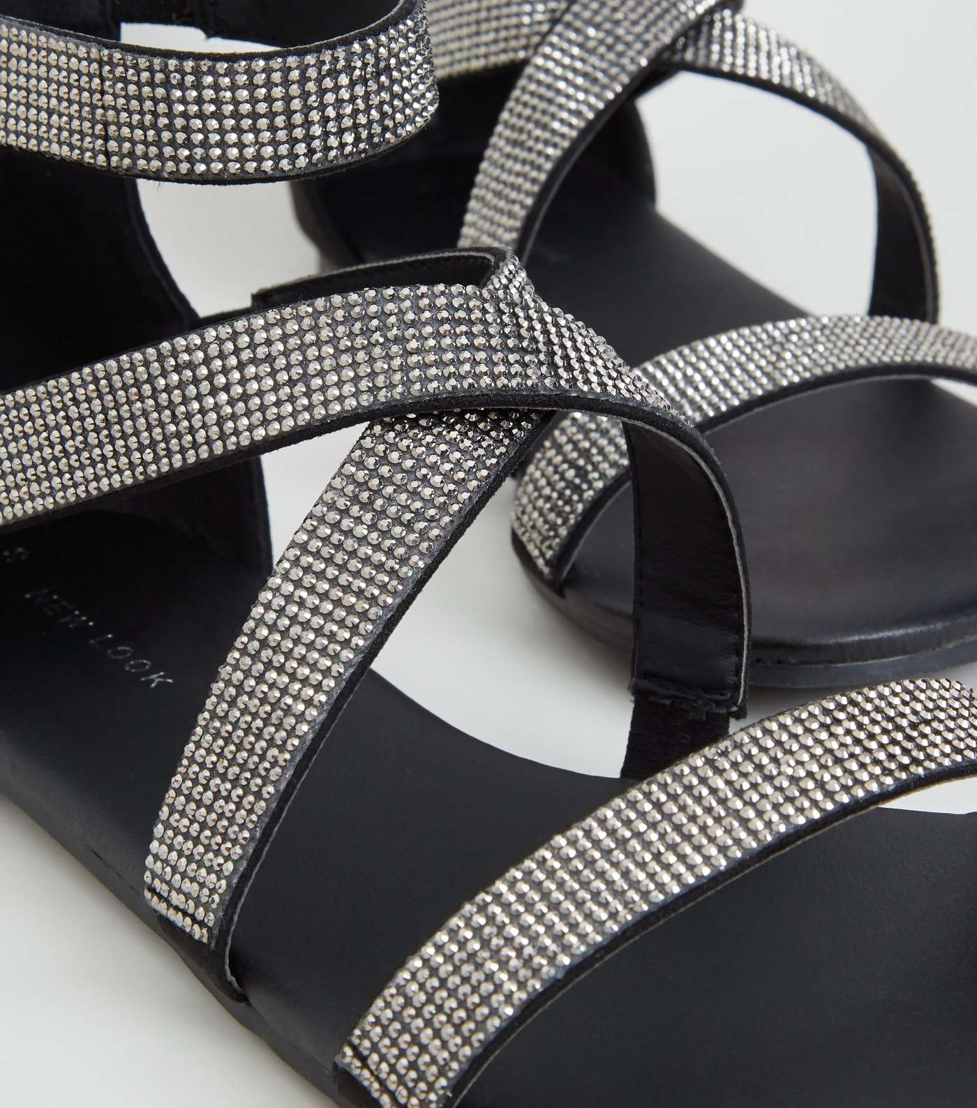Black Diamanté Cross Strap Flat Sandals Image 3