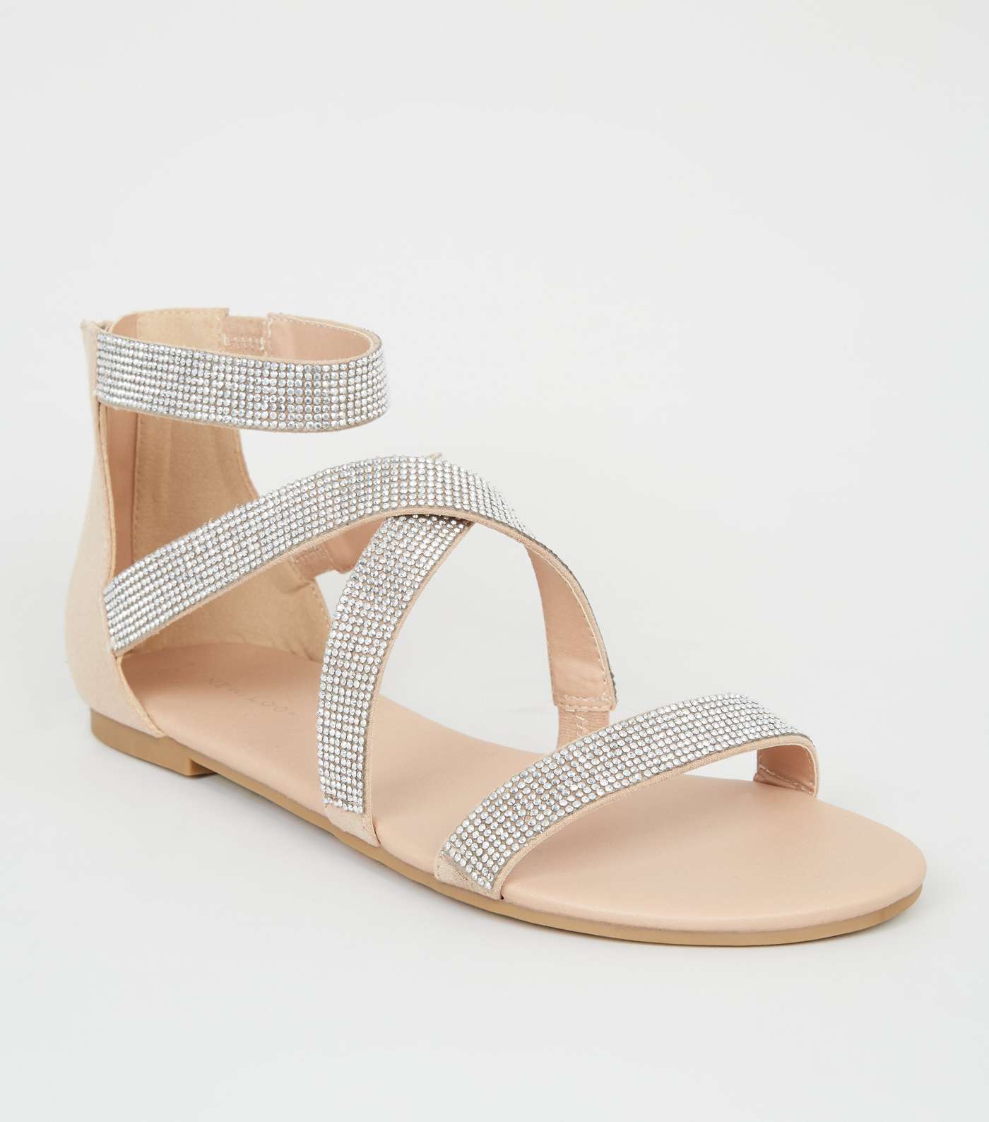 Nude Diamanté Cross Strap Flat Sandals