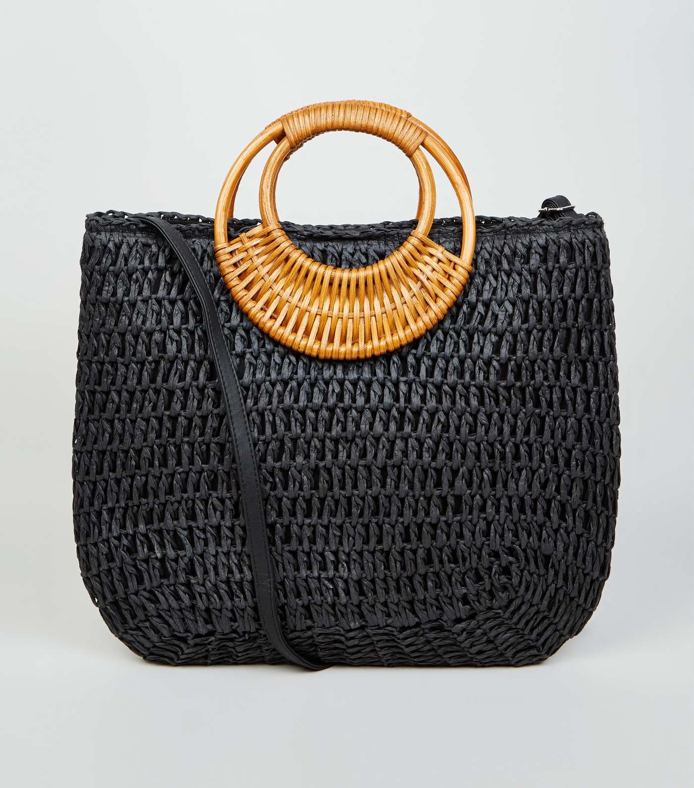 Black Straw Effect Woven Handle Tote Bag