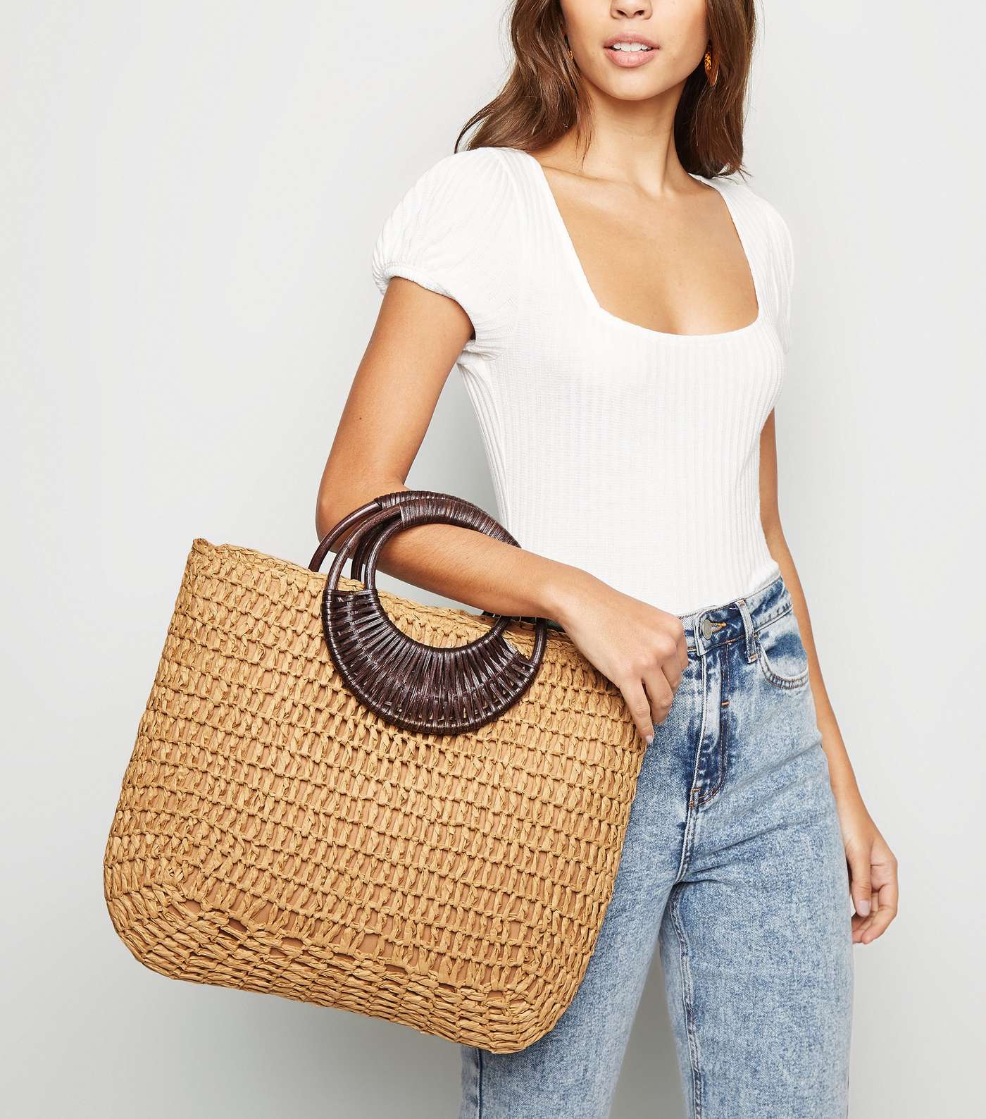 Stone Straw Effect Woven Handle Tote Bag Image 2