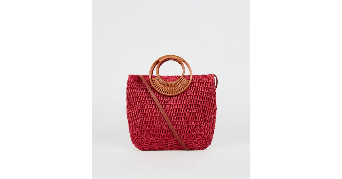 Red Straw Effect Woven Handle Tote Bag New Look