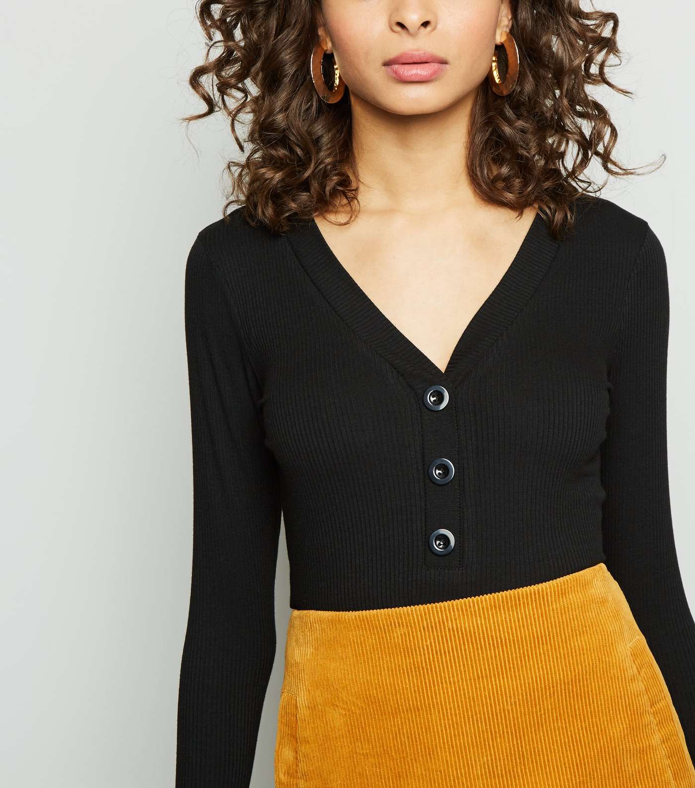 Black Button Front Ribbed Long Sleeve Top