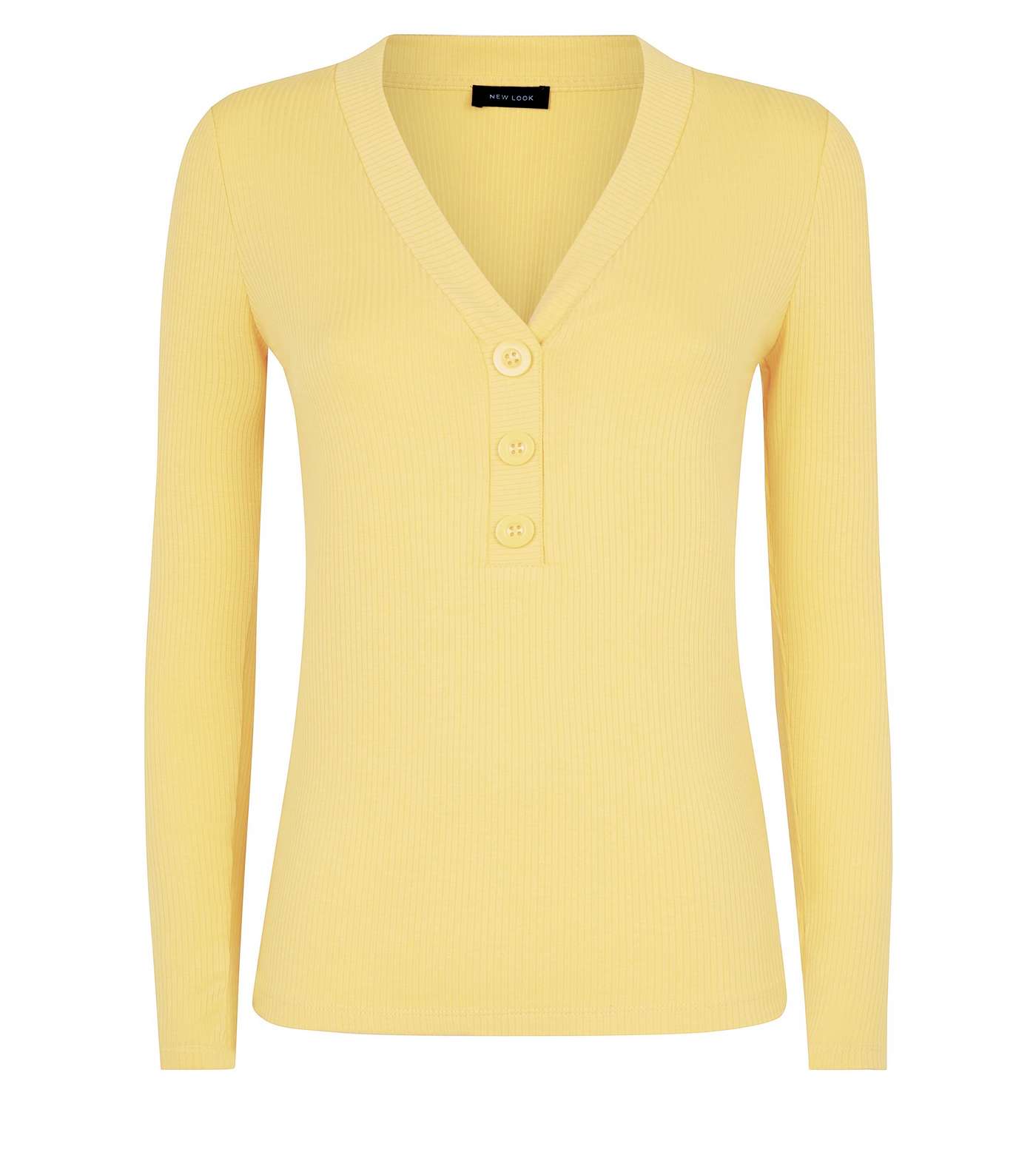 Pale Yellow Button Front Ribbed Long Sleeve Top  Image 4