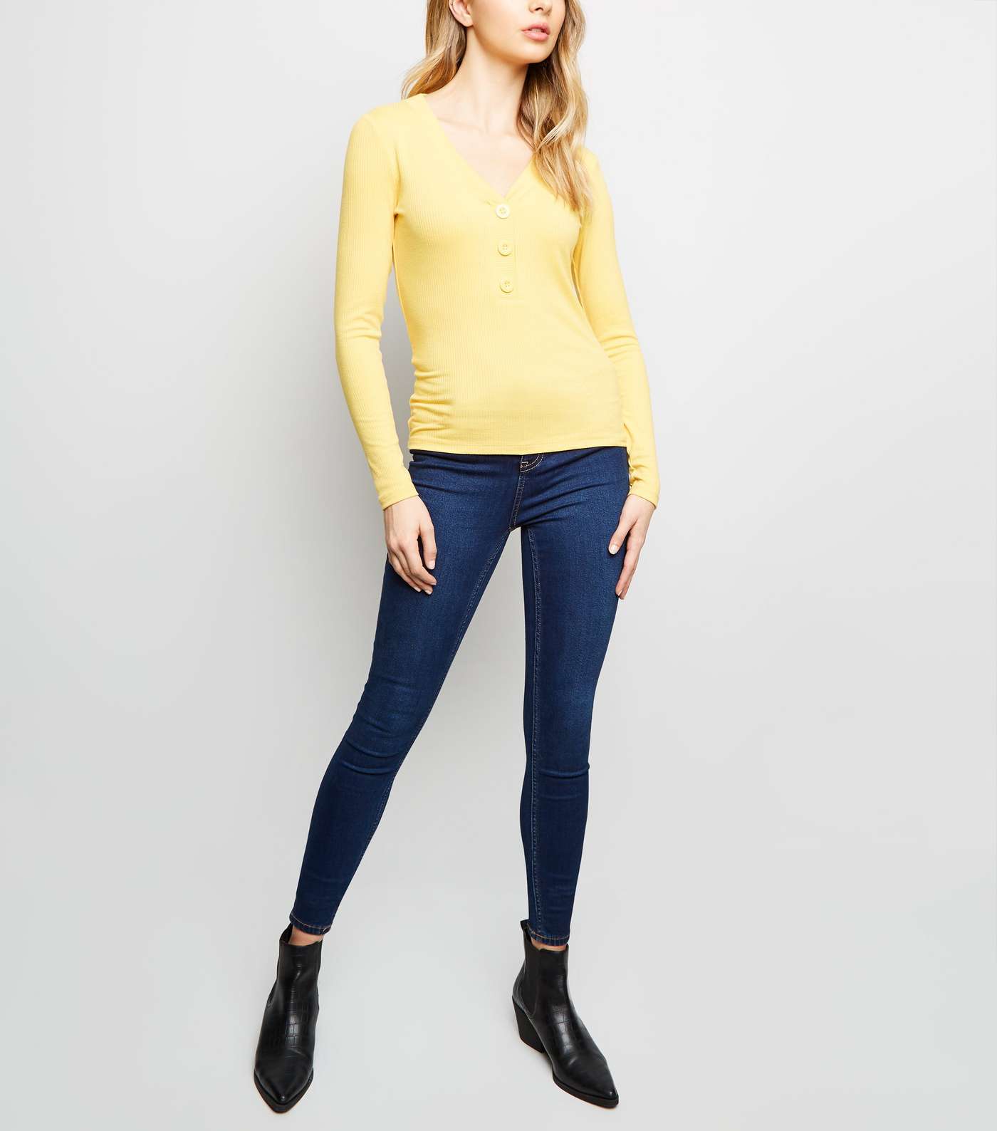 Pale Yellow Button Front Ribbed Long Sleeve Top  Image 2