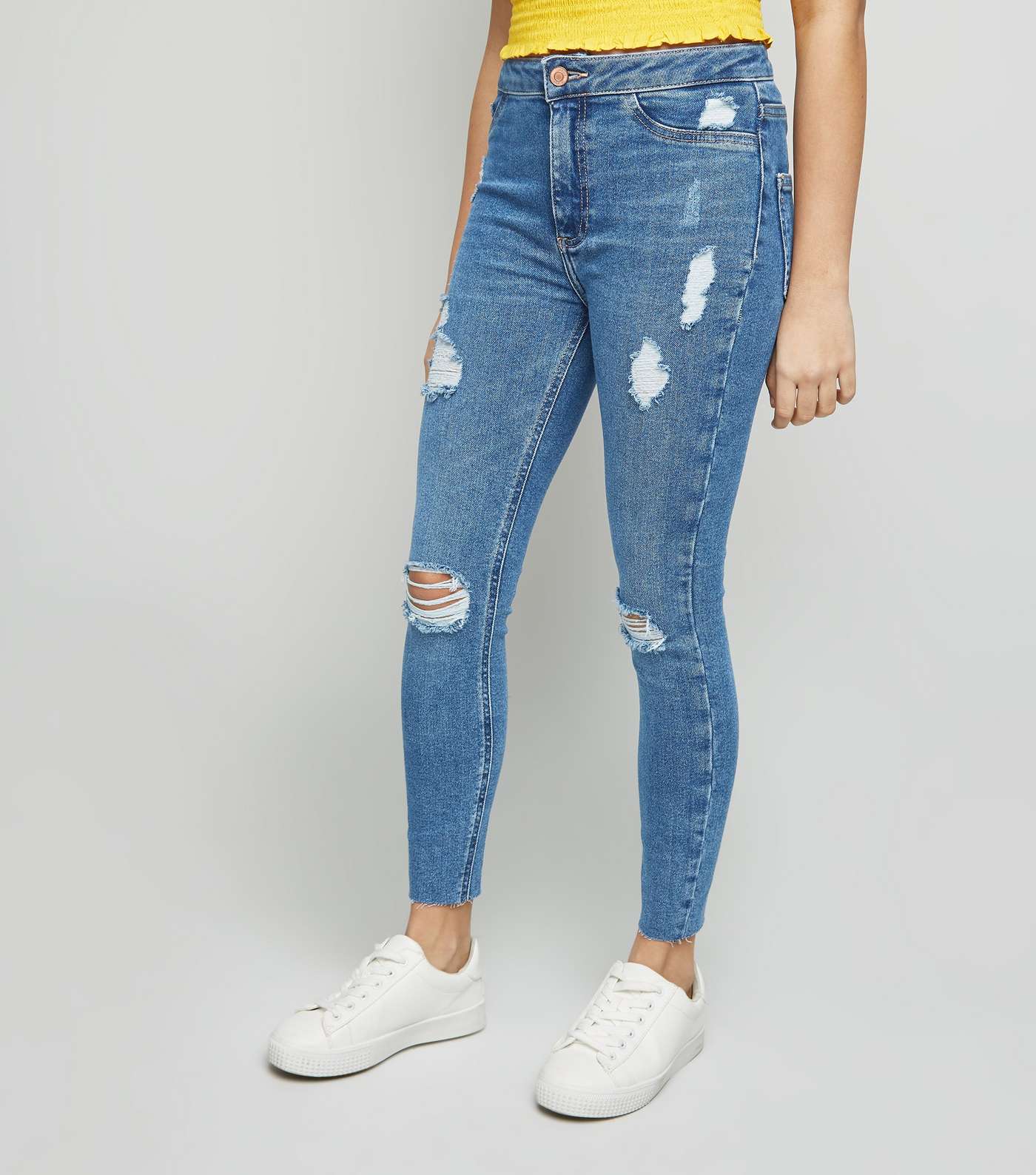 Girls Mid Blue Ripped High Waist Super Skinny Jeans Image 2