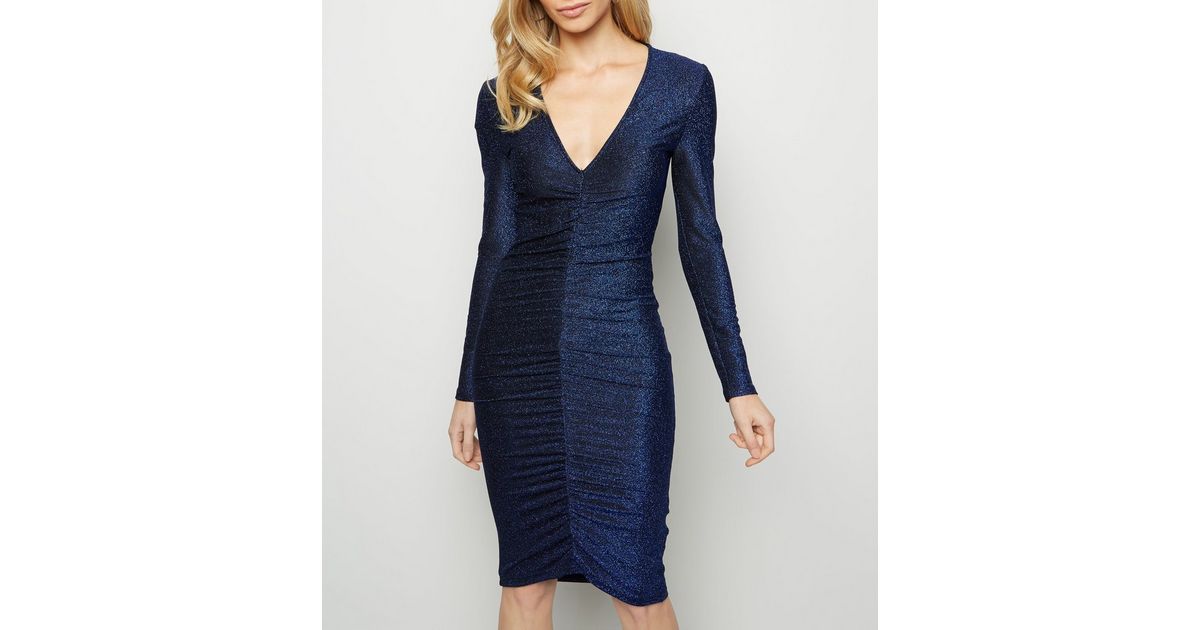 AX Paris Blue Glitter Ruched Front Dress | New Look