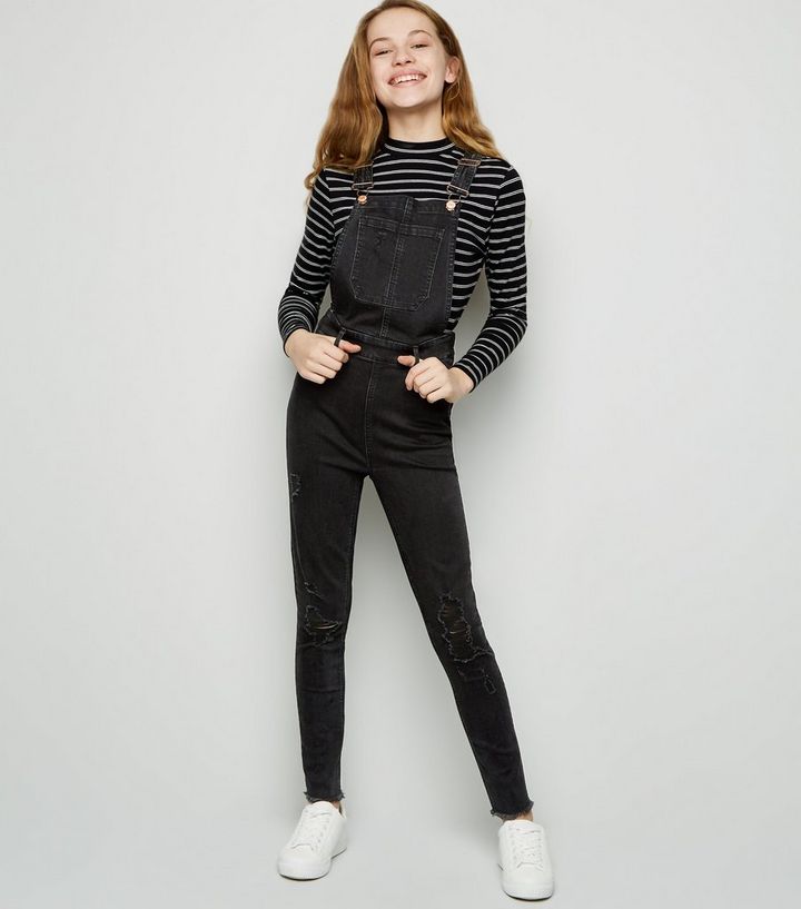Girls Black Ripped Denim Dungarees New Look