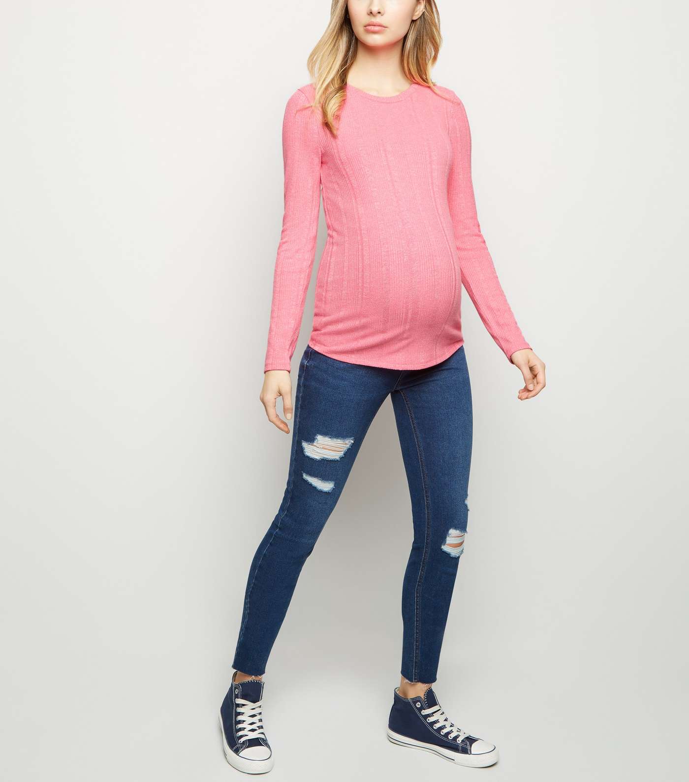 Maternity Pink Neon Marl Ribbed Crew Neck Top Image 2