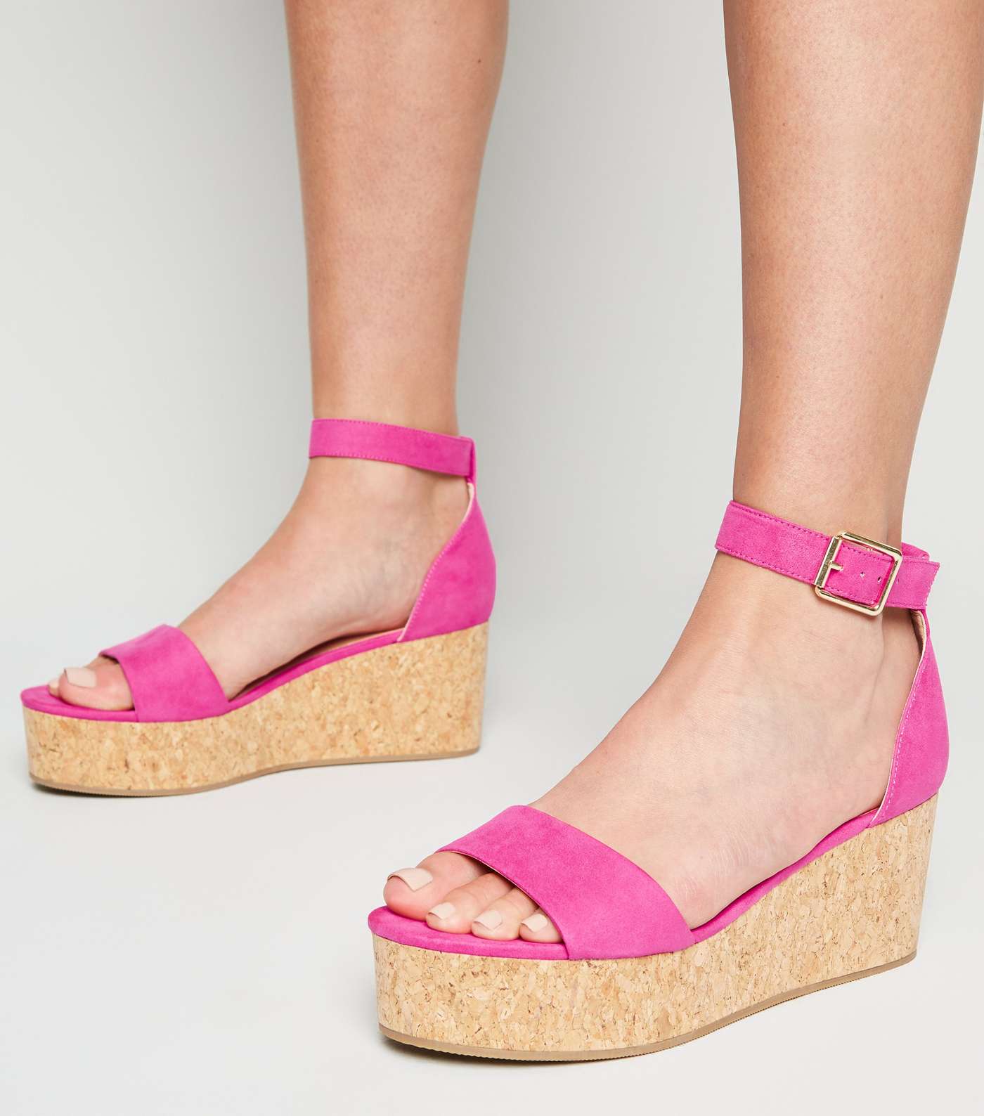 Pink Neon Ankle Strap Cork Effect Flatforms Image 2