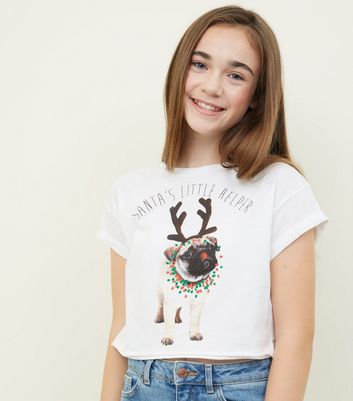 Girls White Pug Christmas T-Shirt | New 