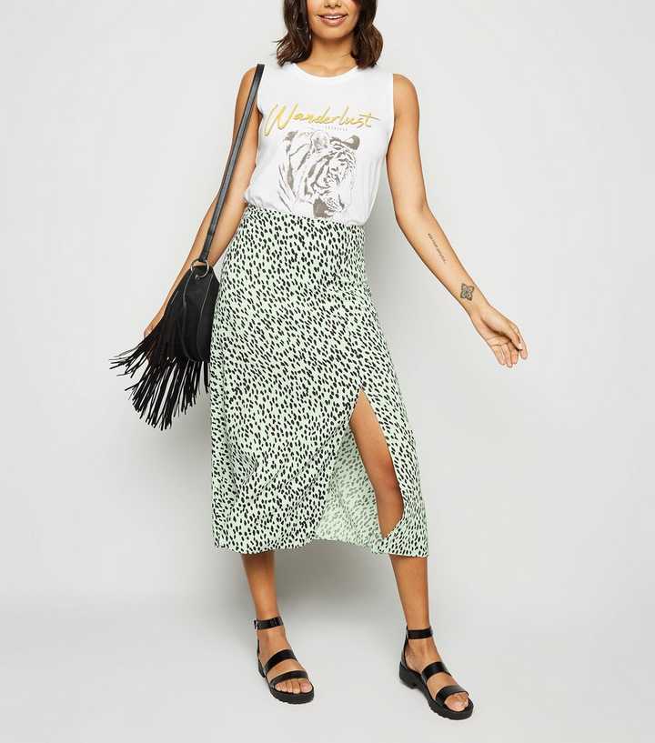 Light Green Spot Side Split Midi Skirt