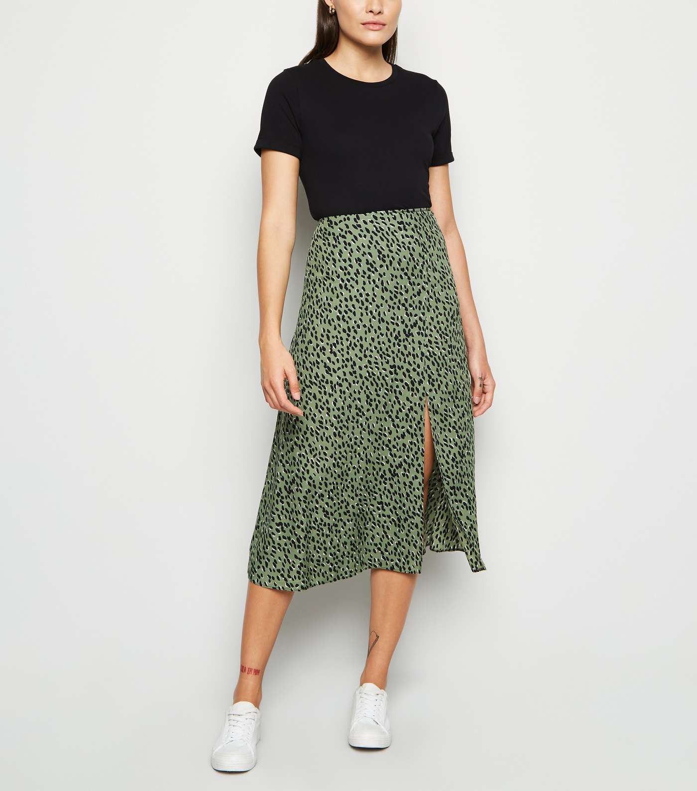 Green Spot Side Split Midi Skirt