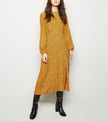 Mustard Floral Long Sleeve Midi Dress 