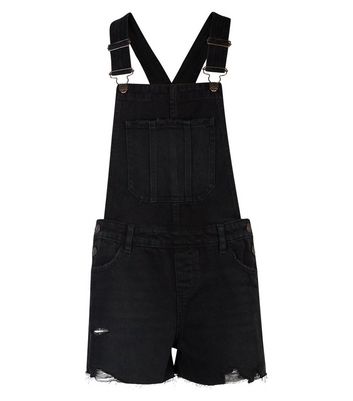 Black Ripped Short Denim Dungarees 