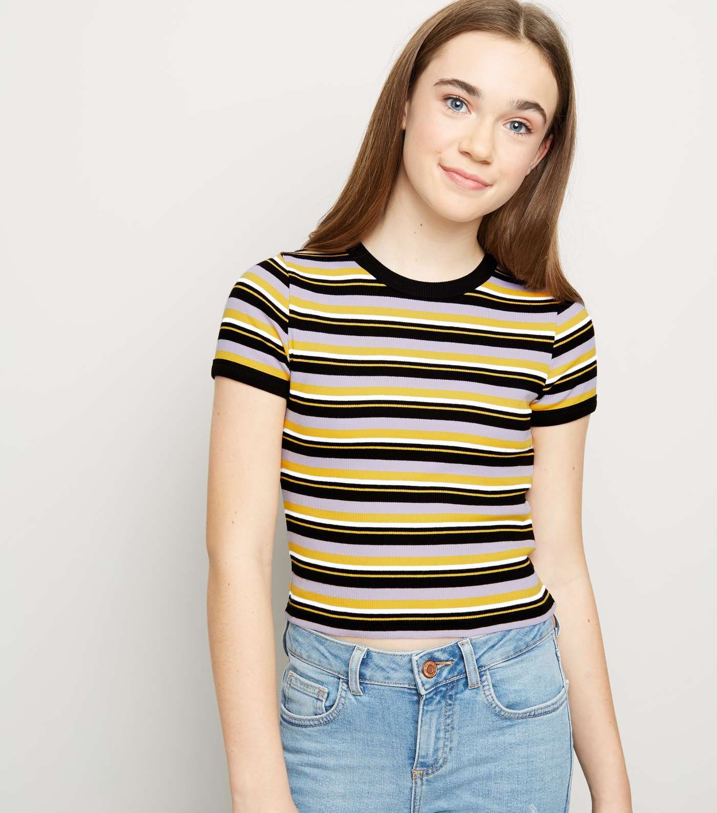 Girls Lilac Multi Stripe Ribbed Ringer T-Shirt 