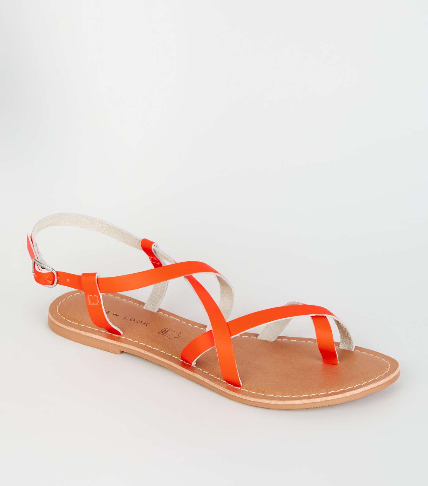 Coral Neon Leather Strappy Flat Sandals