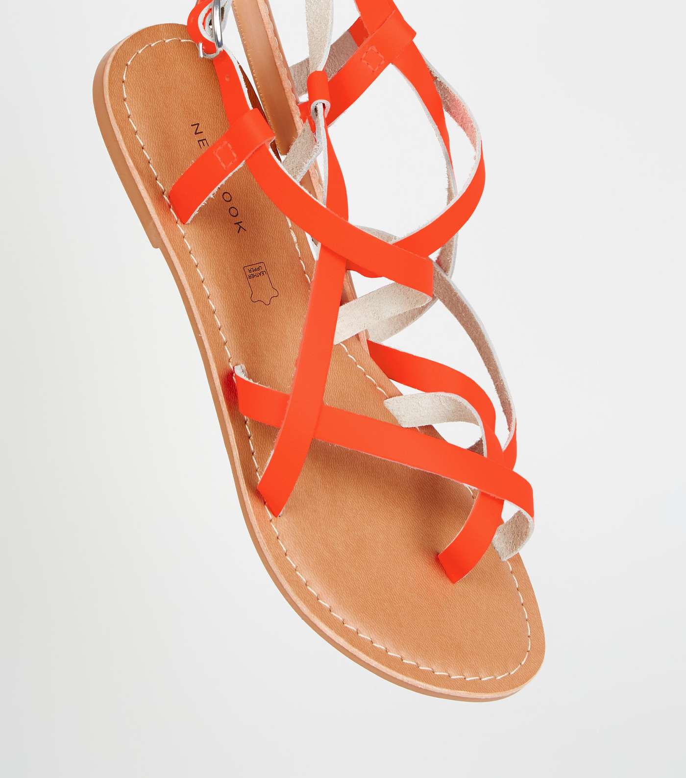 Coral Neon Leather Strappy Flat Sandals Image 3