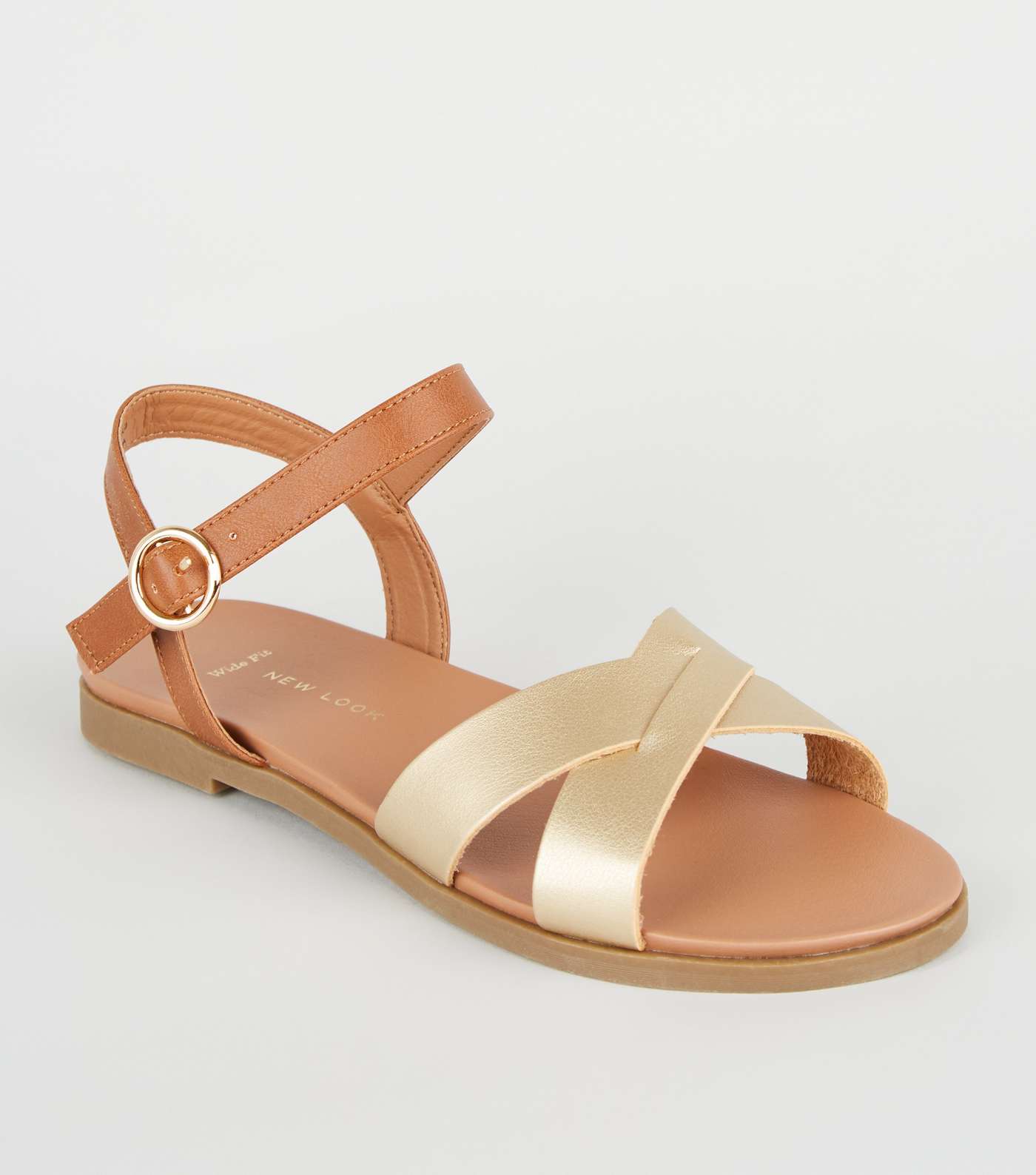 Wide Fit Gold Leather-Look Footbed Sandals