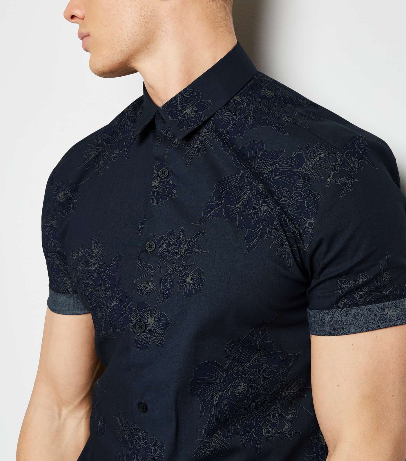Grey Floral Muscle Fit Shirt Image 5