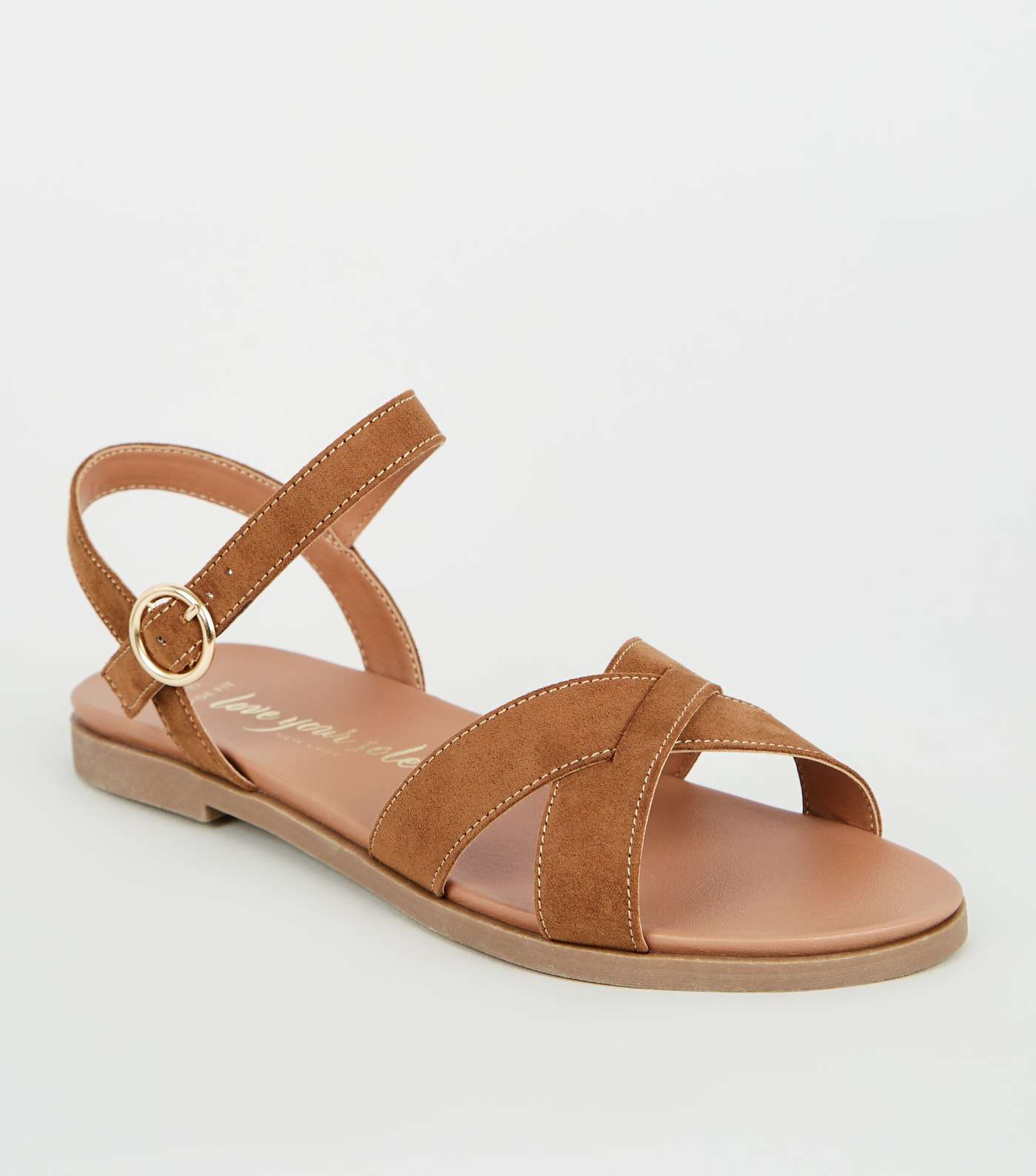 Wide Fit Tan Cross Strap Footbed Sandals