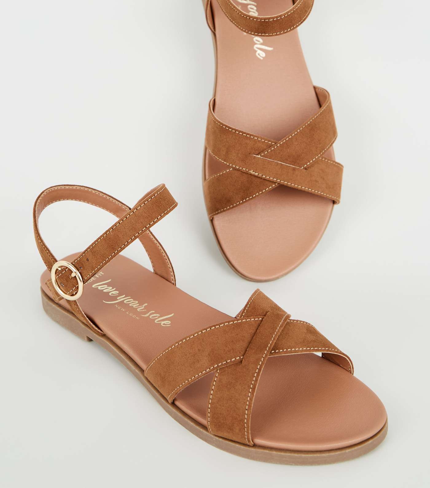 Wide Fit Tan Cross Strap Footbed Sandals Image 3