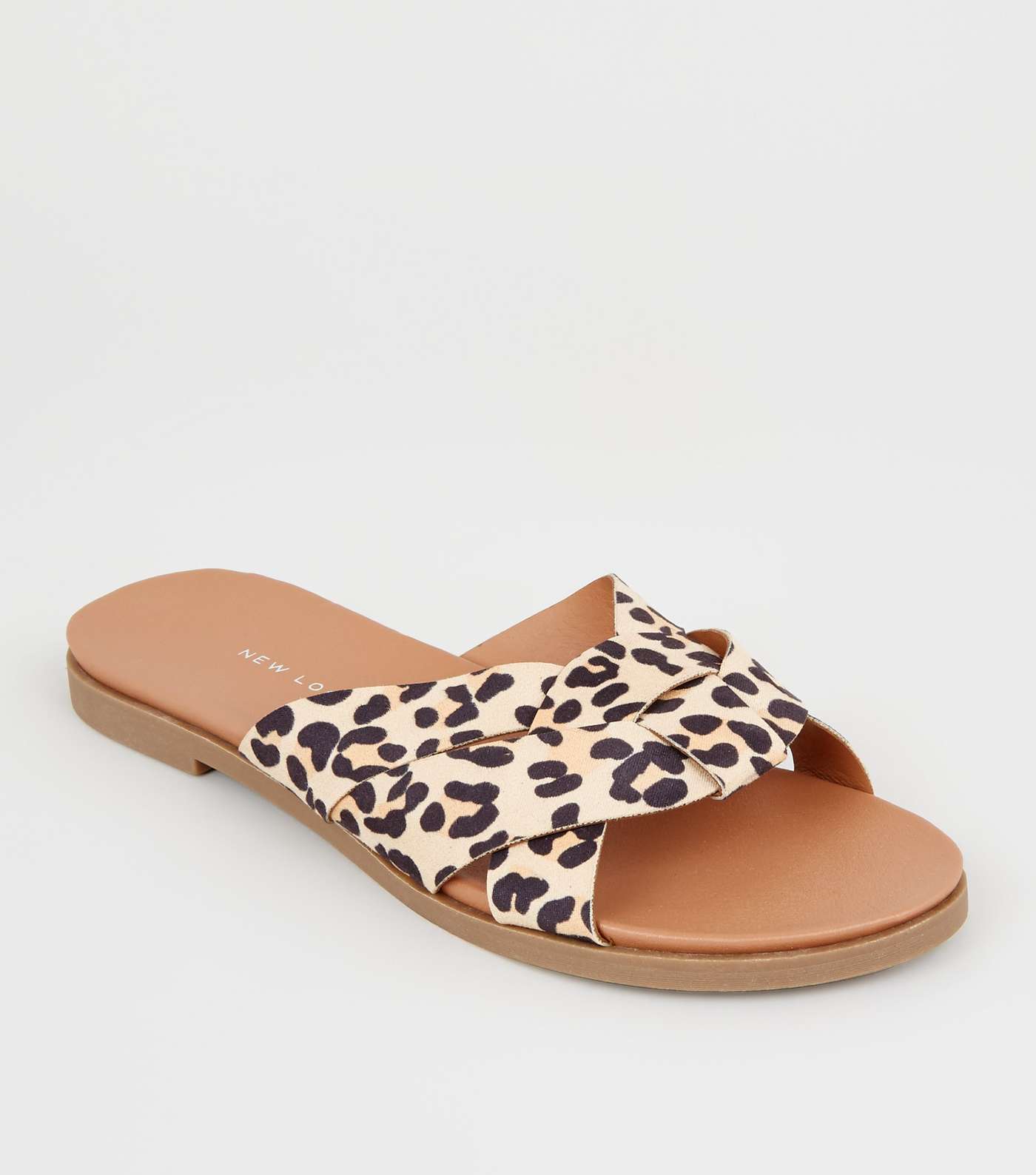 Wide Fit Stone Leopard Print Woven Footbed Sliders