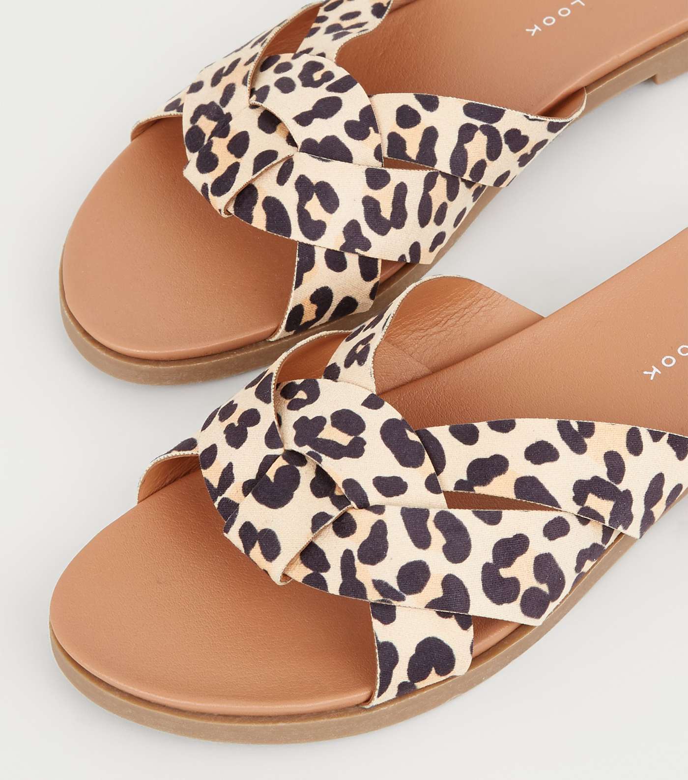 Wide Fit Stone Leopard Print Woven Footbed Sliders Image 3