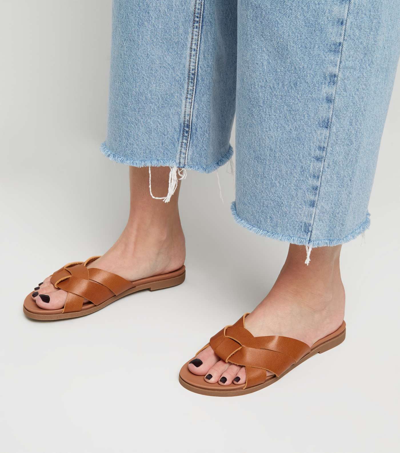 Wide Fit Tan Leather-Look Footbed Sliders  Image 2
