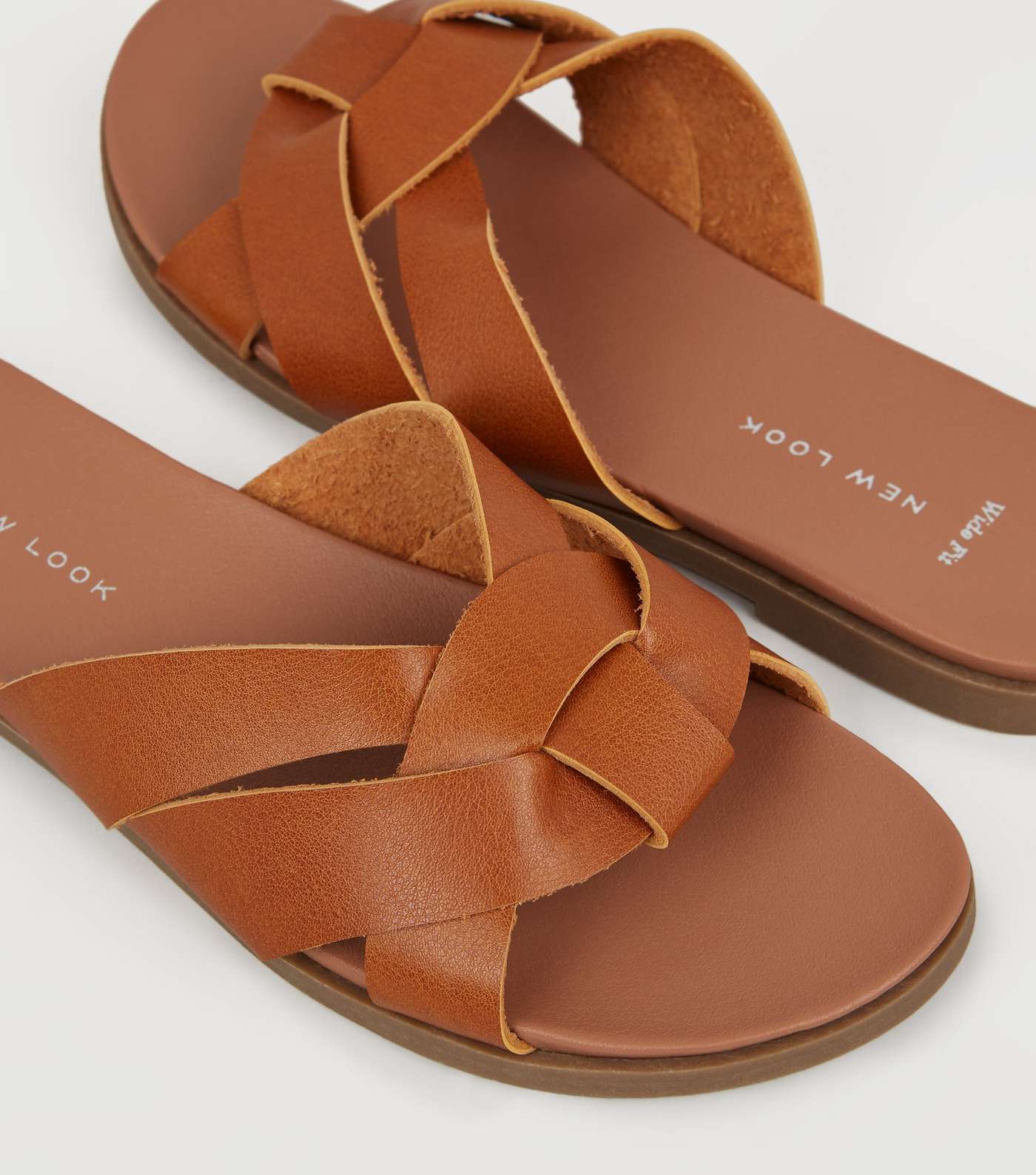 Wide Fit Tan Leather-Look Footbed Sliders  Image 4
