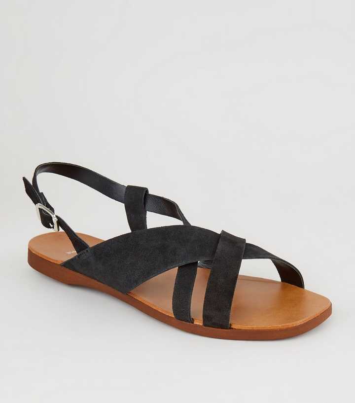 Wide Fit Black Suede Strappy Flat Sandals | New Look
