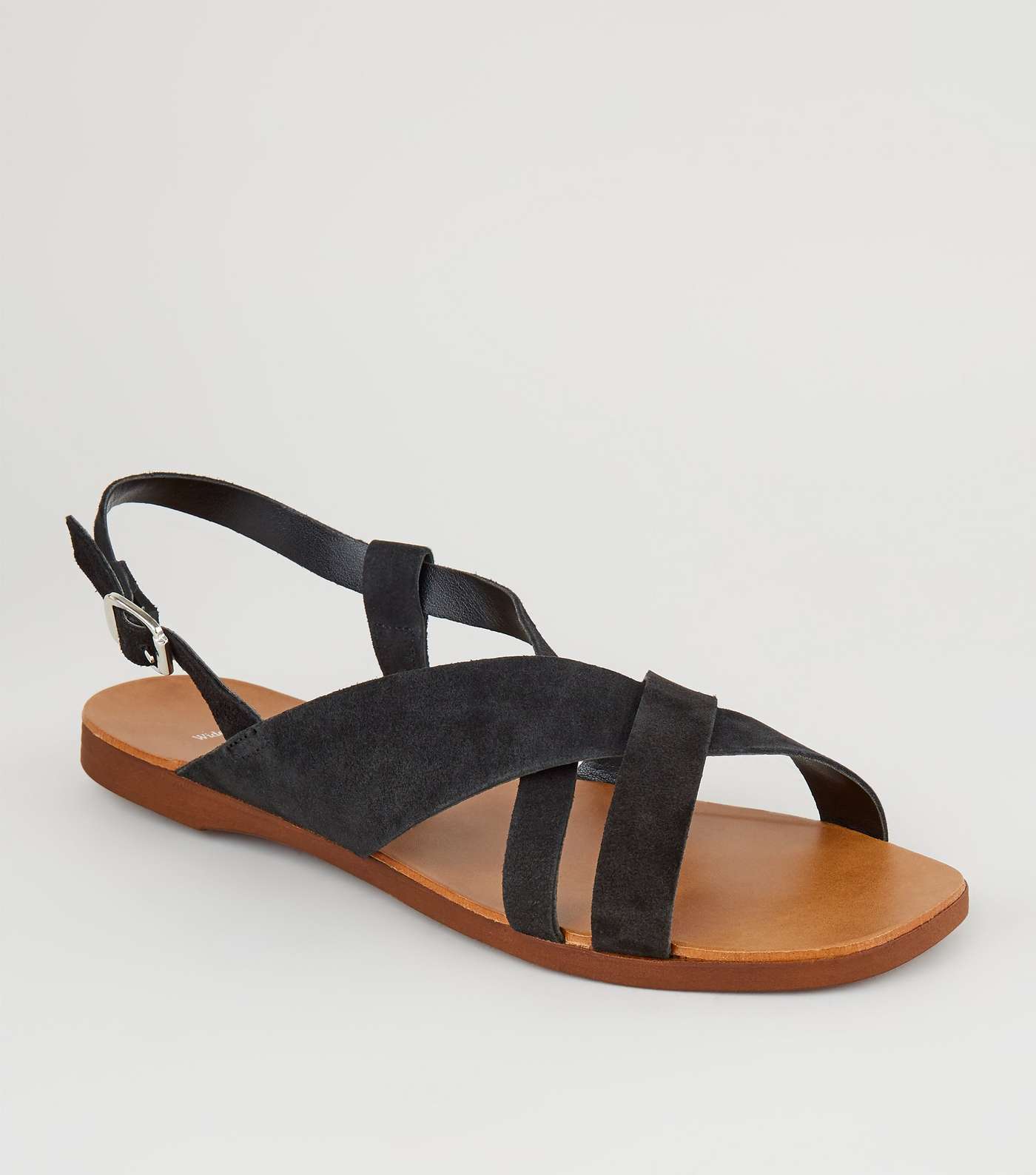 Wide Fit Black Suede Strappy Flat Sandals
