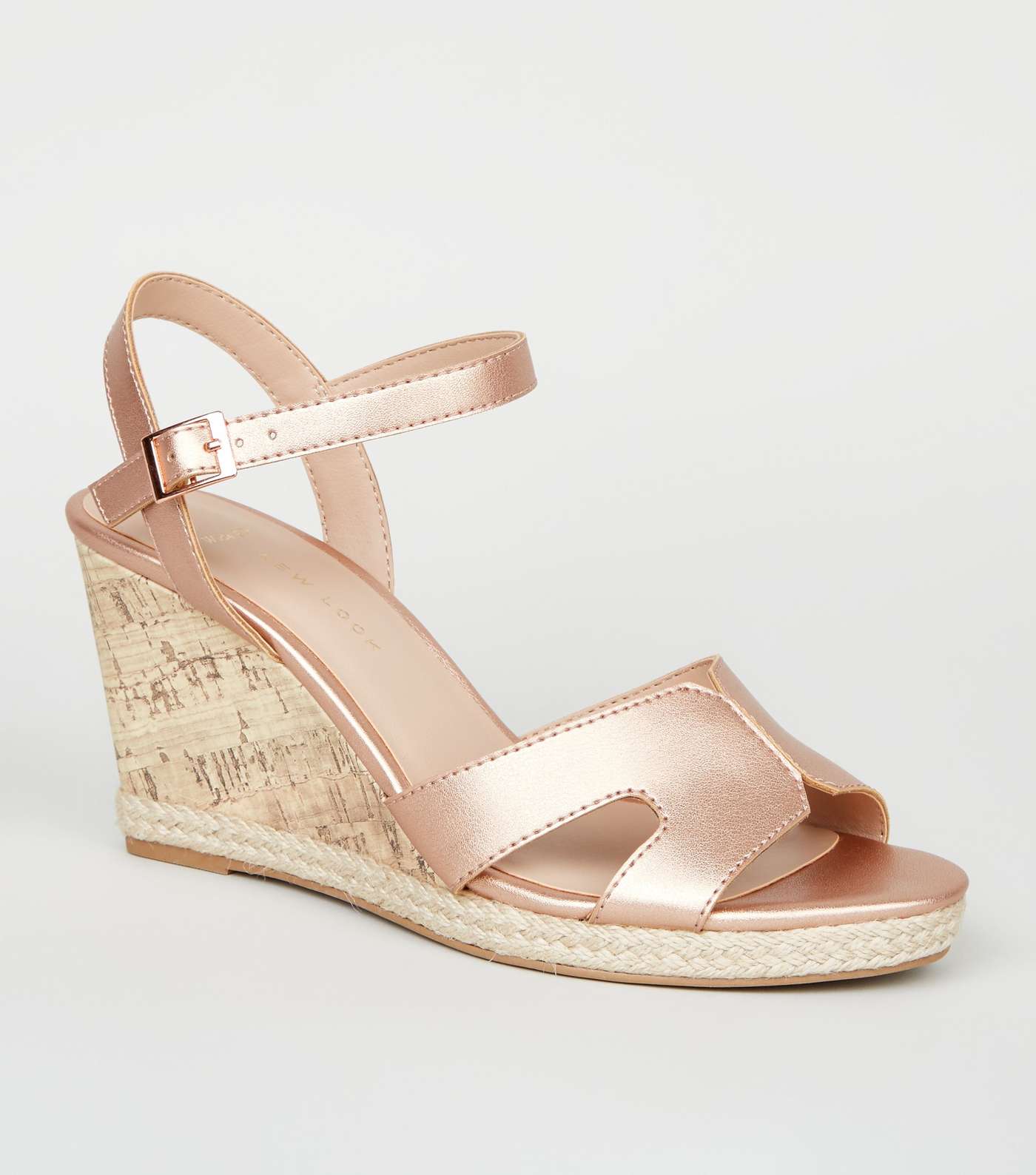 Wide Fit Rose Gold Cork Effect Wedge Sandals