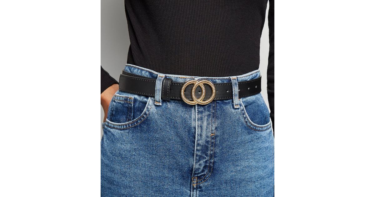 Black Embossed Double Circle Buckle Belt New Look