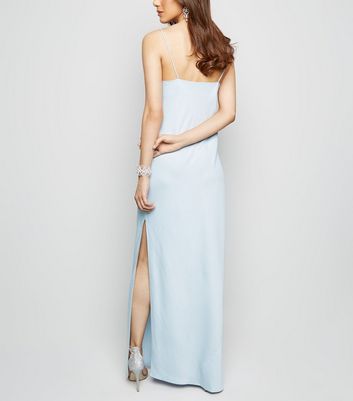 blue satin cowl neck dress