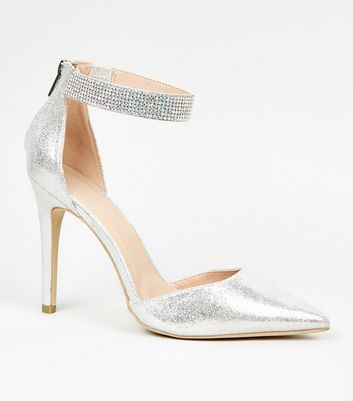 Silver Glitter Diamanté Trim Heel Court 