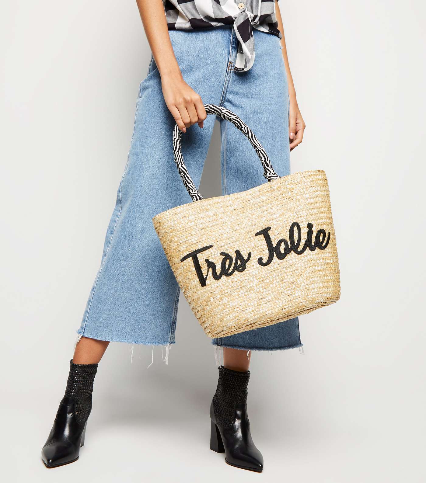 Stone Woven Straw Effect Trés Jolie Slogan Tote Bag Image 2