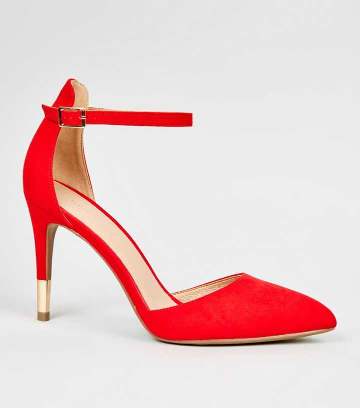 Red Suedette Ankle Strap Stiletto Courts